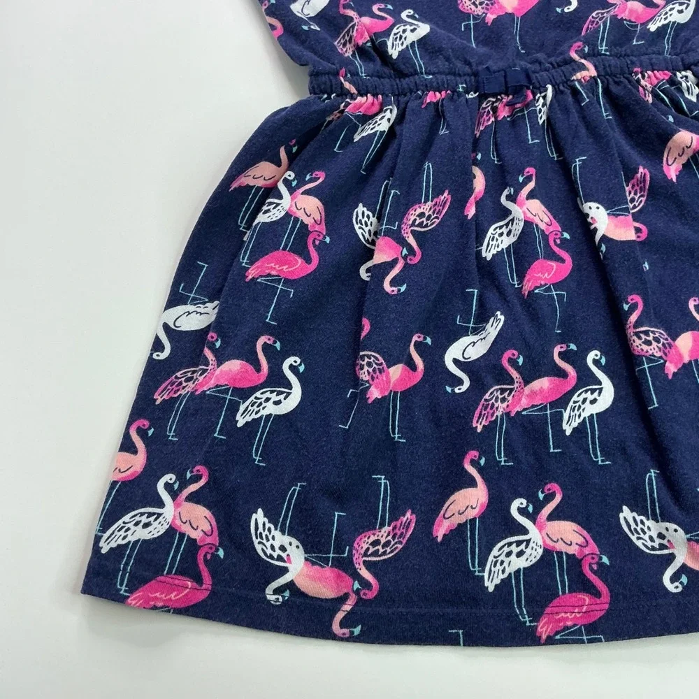 Gymboree Navy Blue Flamingo Dress Kids Size S 5-6 Cotton Jersey Cap Sleeve